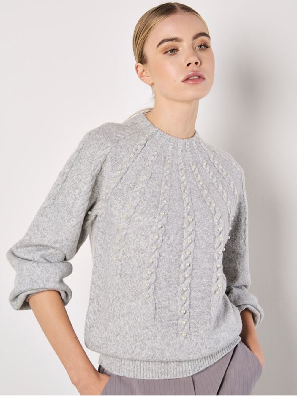 APRICOT Pearl Embellished Cable Knit Sweater